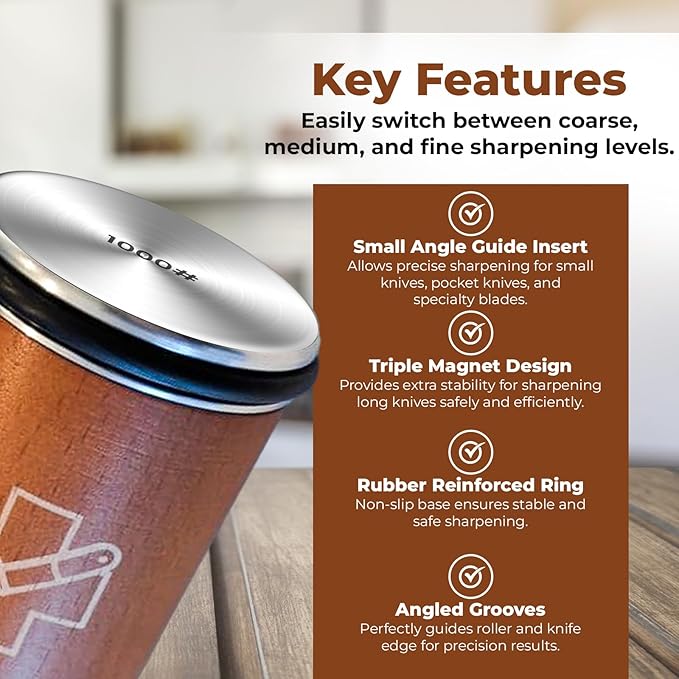 The Knife Doctor™- Professional Rolling Knife Sharpener Kit - Two-Piece Wooden Block Knife Sharpening System for Kitchen, Japanese & Pocket Knives - 15-20 Degree Angles with Magnetic Guide & 3 Discs
