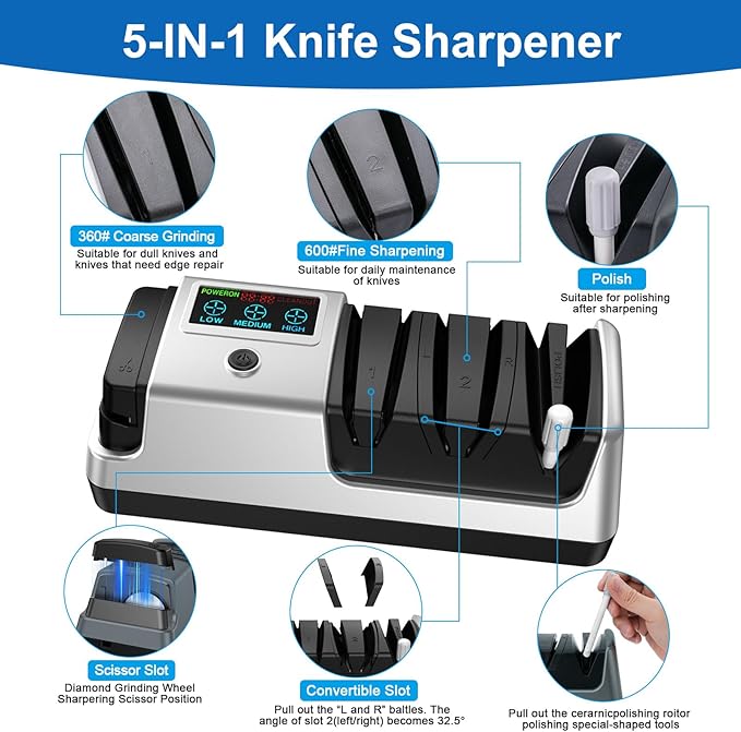 Upgrade 5-in-1 Electric Knife Sharpener, Professional 3-Stage with LCD Screen, 100% Diamond Abrasives, 3 Rotational Speed Adjustable, knife sharpener for Straight, Serrated, Meat Cleaver, Scissors