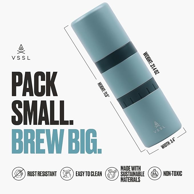 VSSL - Nest Pour Over Coffee Kit | Coffee Maker for Camping | All-In-One Travel Pour Over | Transportable Dripper, Two 10oz Stainless Steel Travel Mugs | Compact Storage & Adventure Ready | Everglade