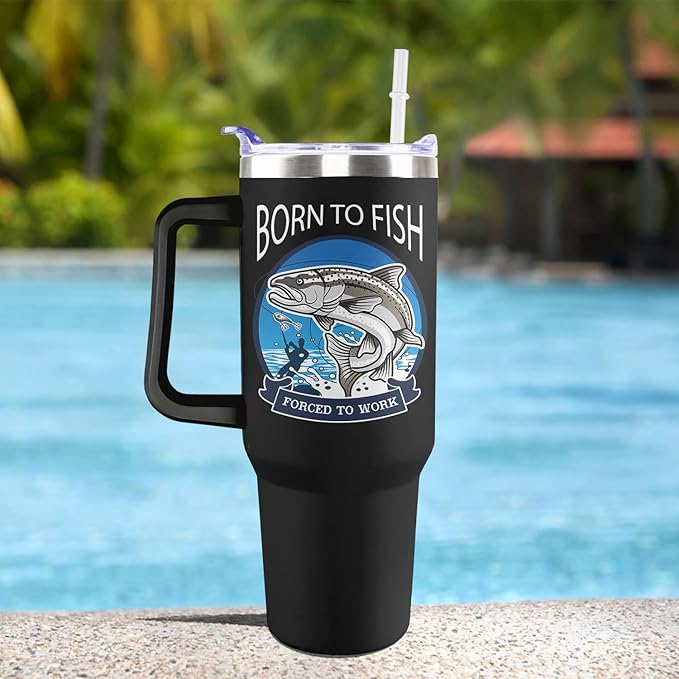 Fishing Tumbler Gifts with Handle For Men 40OZ Born to Fish Gift Stainless Steel Cups Fisherman Gifts For Dad Daddy Fish Mugs with Fish Father Day's Gift from Daught Son
