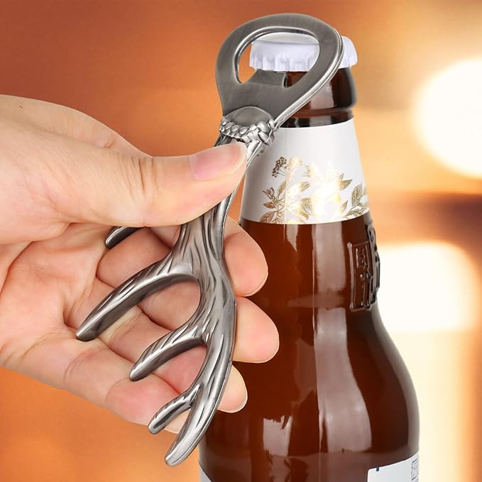 LKKCHER Deer Reindeer Antlers Beer Bottle Opener, Father's Day & Christmas Gifts for Men, Women & Hunters, Dark Silver