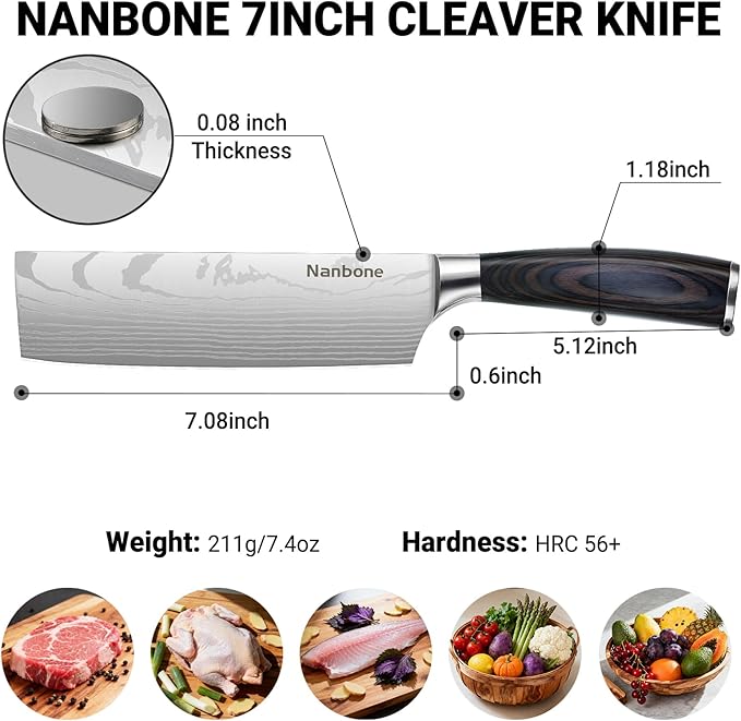 Nakiri Knife 7 Inch Sharp Meat Cleaver and Vegetable Kitchen Knife Damascus Asian Chef Knife for Home and Kitchen with Ergonomic Handle High Carbon Stainless Steel knife Chef Cooking Gift