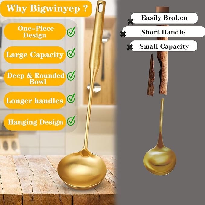Soup Ladle, 2Pcs Stainless Steel Ladle spoon, 14 Inch Serving Spoon Heavy Duty kitchen Utensils for Cooking Buffet, Party, Kitchen, Gold