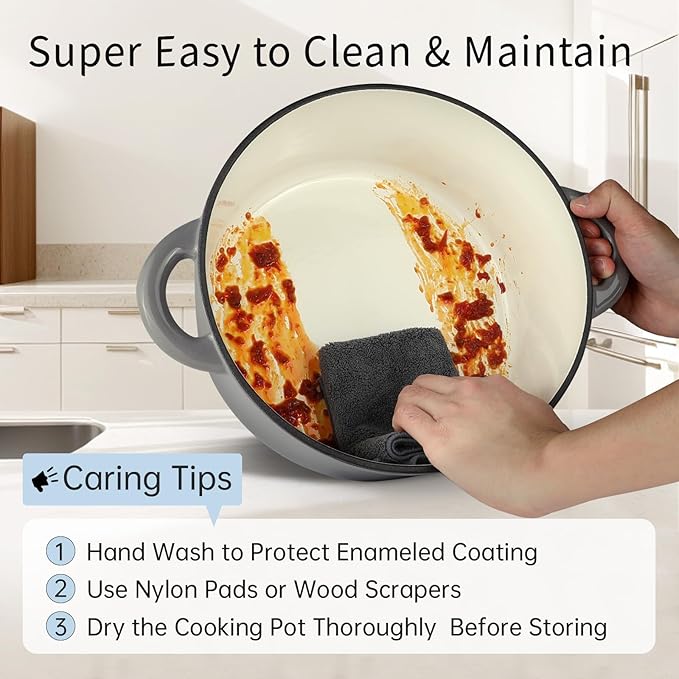 6 Quart Enameled Cast Iron Dutch Oven Pot with Lid, Oven Safe up to 500°F or on Stovetop, Non-stick Dutch Oven for Bread Baking, Cooking, Dual Handles Cookware, Grey