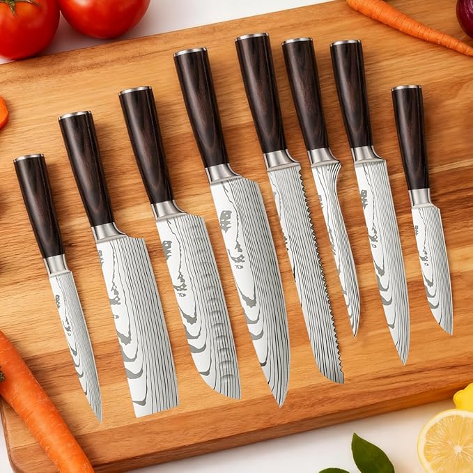 8-Piece Premium Japanese Kitchen Knife Set - Imperial Collection, Laser Damascus Pattern, 440A Stainless Steel Ultra Sharp for Fast Cutting (Redwood 8J)