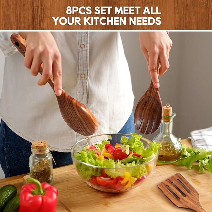 Wooden Spoons for Cooking, 8 PCS Teak Wood Cookware Utensil Set with Hooks - Smooth Finish, Non-Stick, Comfort Grip Cooking Spoons and Utensils Holder