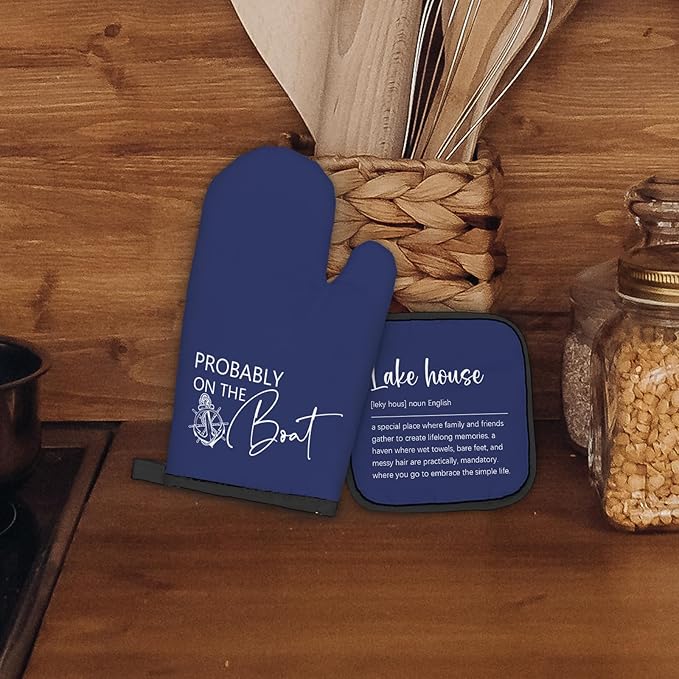 Lake House Gifts Navy Blue Oven Mitts and Pot Holders Sets, Lake Lovers Gifts Kitchen Accessories Sets Decor, Blue Probably on The Boat Heat Resistant Oven Glove Potholders for Kitchen Baking