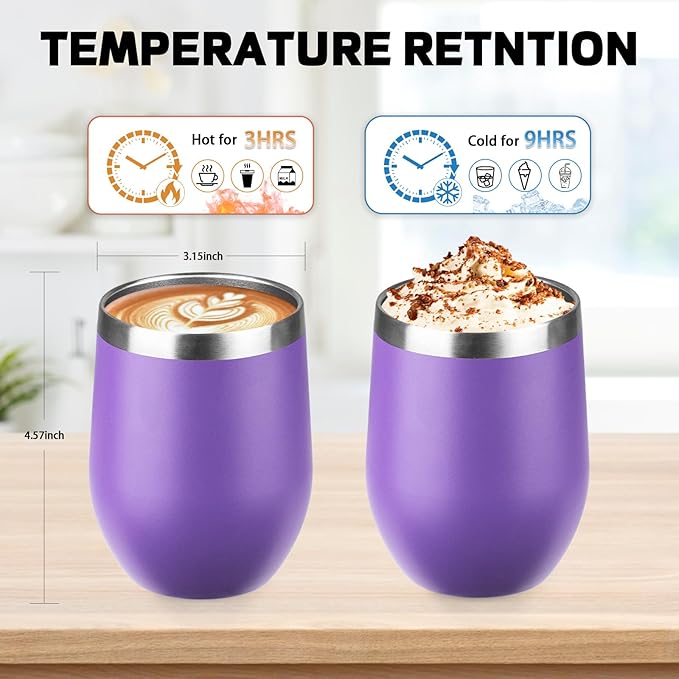 StarSpeed 12oz/8 Pack Wine Tumbler with lid, Stainless Steel Travel Mugs Stemless Double Wall Insulated Coffee Cup, Insulated Wine Glasses Travel Tumbler for Cold & Hot Drinks(Purple, 8)