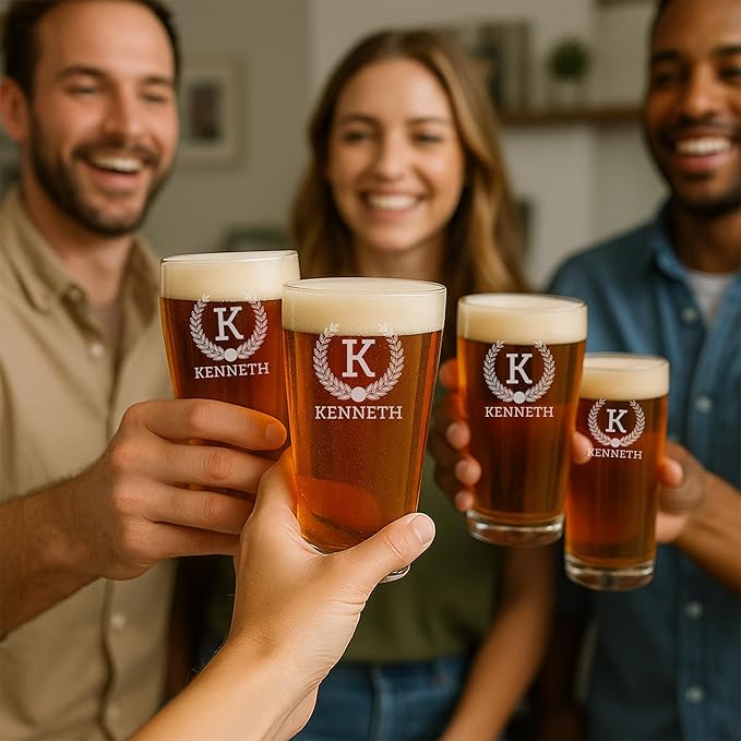 Personalized Glass Set of 4 - Custom Engraved Drinking Pint Glasses - Great Gifts for Men, Women, Family - For Valentine's, Anniversary, Housewarming, Christmas (Pint [x4])