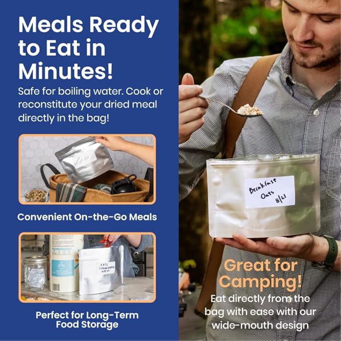 Wallaby 10 Count MRE Mylar Bags with 400cc Oxygen Absorbers, 15 Mil Total Thickness Long-Term Food Storage Pouches, 6.5x8.5 Stand-Up Zipper Heat-Sealable Airtight Packaging - Silver
