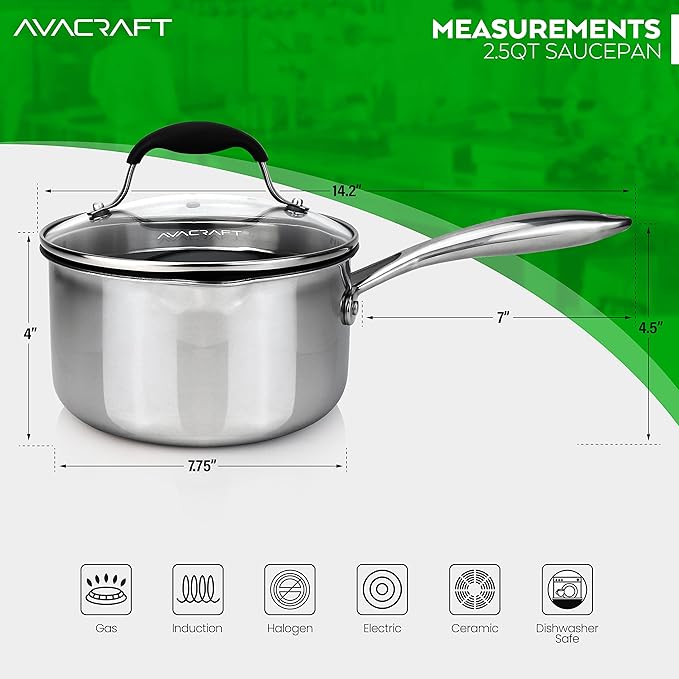 AVACRAFT Nonstick Saucepan with Glass Lid, Strainer Lid, 100% PTFE, PFOA Toxins Free, Two Side Spouts for Easy Pour, Multipurpose Ceramic Sauce Pot (2.5 QT Non-Stick Saucepan)