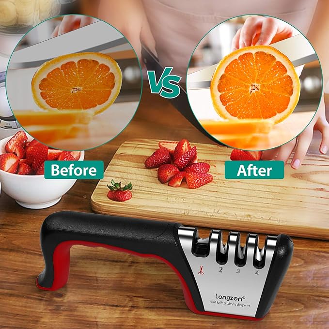 Longzon 4-in-1 Knife Sharpener [4 Stage] with a Pair of Cut-Resistant Glove, Original Premium Polish Blades, Best Kitchen Knife Sharpener Really Works for Fruit and Steel Knives, Scissors