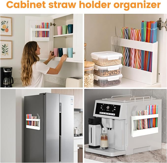 Acrylic Straw Holder, Straw Organizer Dispenser with Two Pieces Rubber Magnet Sheets, Drinking Straw Storage Holder for Cabinet Door Fridge Counter Kitchen Office(White)