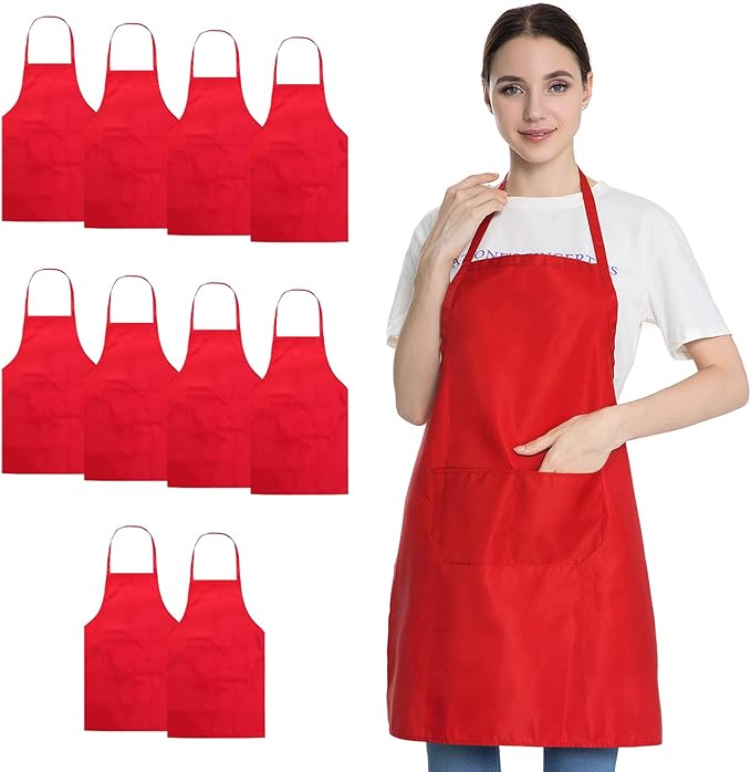 10 Pieces Red Bib Aprons Bulk with 2 Pockets, Painting Grilling BBQ Cooking Kitchen Aprons Bulk for Women Men Adults (10, Red)