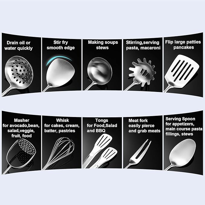 Stainless Steel Kitchen Utensils 12 Pcs, Small Cooking Utensils Set,Spatulas,Ladle,Skimmer,Tunners,Serving Spoon,Spaghetti Spoon,Fork,Potato Masher,Egg Whisk,Tongs,Dishwasher Safe