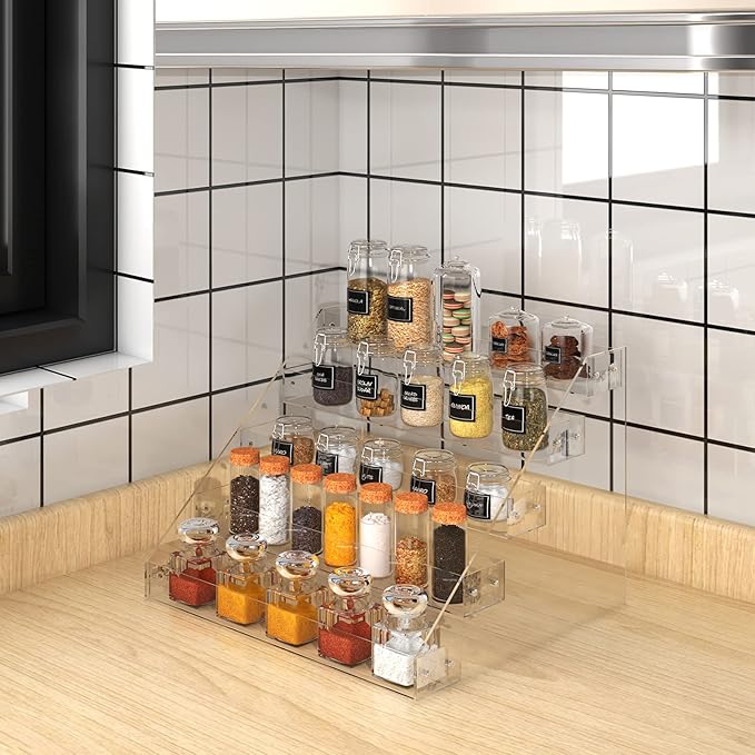 VAEHOLD Acrylic Spice Rack Organizer, 4 Tier Clear Vertical Rack for Cabinet & Countertop (4 Tier 12'L)