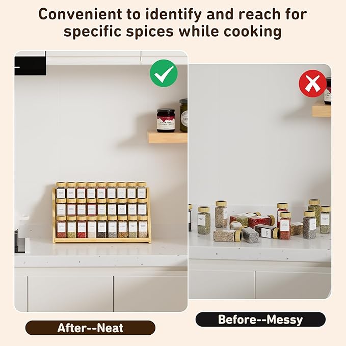 Bamboo 3 Tier Spice racks, Kitchen Seasoning Spices Rack, Suitable for Spice Organizers Such as Sitchen Countertops, Stoves, Sorage Rooms (L)