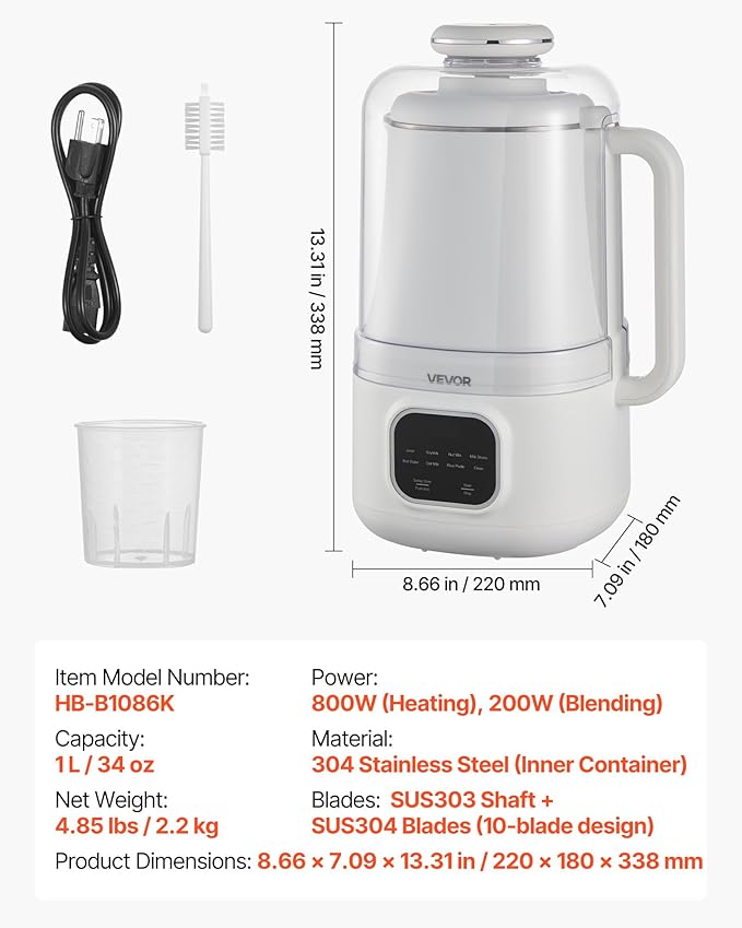 VEVOR 8-in-1 Nut Milk Maker, 34 oz Soy Milk Maker with Soundproof Cover for Homemade Oat, Nut, Soy, Juice, Milkshake, Rice Cereal, Plant-Based Beverages with Self-Cleaning, Boil Water, 12-Hour Delay