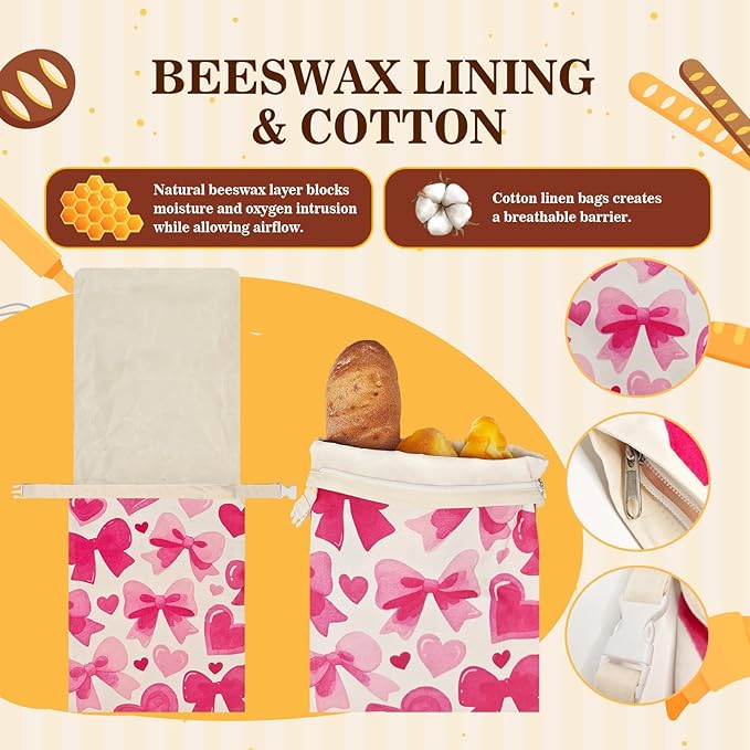 Beeswax Bread Bags for Sourdough 2 Pack 13"x17" Eco-Friendly Reusable Linen Cotton Storage Bags with Zipper Closure for Homemade Bread Fresh-Keeping, Freezer-Safe (Heart bow)