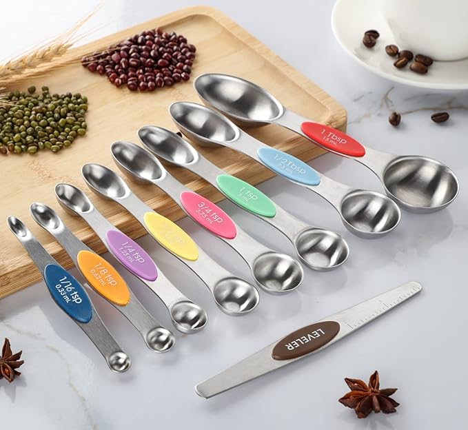 Magnetic Measuring Spoons Set of 9 Dual Sided Stainless Steel Measuring Spoons Stackable Nesting Tablespoon Teaspoon, Fits in Spice Jars, for Dry or Liquid Ingredients