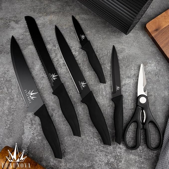 7-Piece Kitchen Knife Set – Ultra Sharp Stainless Steel Knives with Universal Block, 5-Piece Chef Knife Set, Kitchen Scissors – Non-Slip Black Handles, Modern Countertop Set