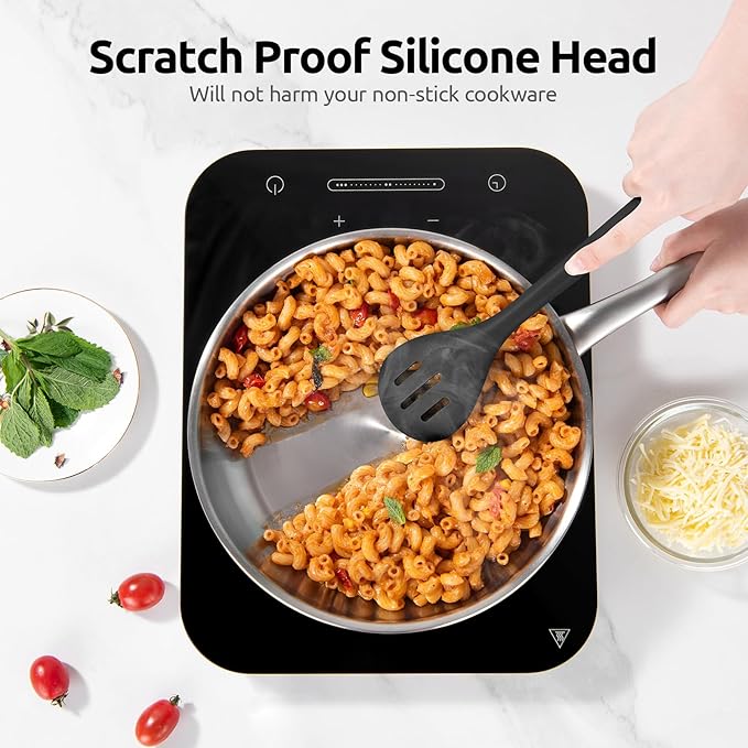 600ºF Heat Resistant Slotted Spoon: U-Taste 13.3in Solid Kitchen Cooking Spoon, Nonstick Food Grade Large & Long Rubber Utensil for Mixing, Serving, Stirring, Basting, Frying, Draining (Black)