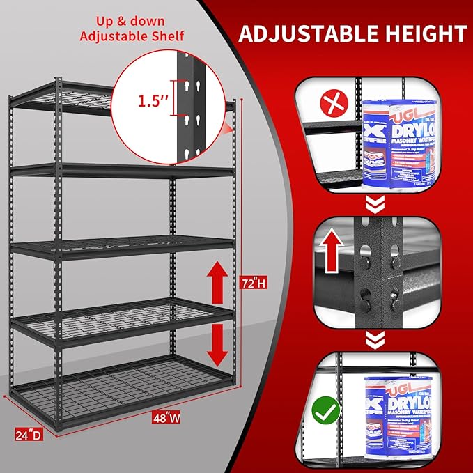 The Atlas 48" W x 24" D x 72" H Adjustable Garage Storage Shelves Load 4000 lbs, 5 Tier Heavy Duty Shelving Unit, Metal Utility Storage Rack for Warehouse Pantry Basement Kitchen, Black