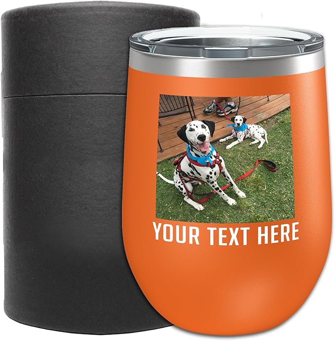 Personalized 12oz (17 Colors) Mother's Day Photo Printed Insulated Stainless Steel Powder Coated Stemless Wine Tumbler with Lid, Customized Gift Idea for Her, Custom Coach Gifts Team Mom Dad (Orange)