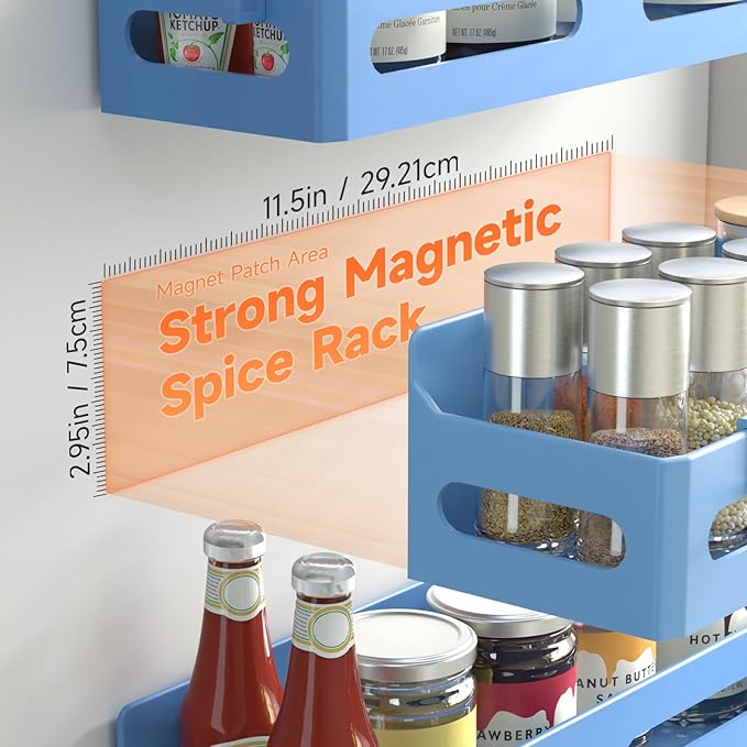 4 Pack Magnetic Spice Rack for Refrigerator, Spice Rack Organizer, Moveable Magnetic Shelf Fridge Organizer with 4 Hooks for Kitchen and Oven Organization, Blue
