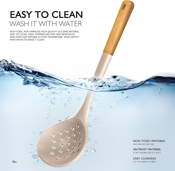 Large Silicone Cooking Utensils Set - Heat Resistant Silicone Kitchen Utensils for Cooking w Wooden Handles, Spatula Set, Kitchen Utensil Gadgets Sets for Non-Stick Cookware, BPA Free (Cream White)