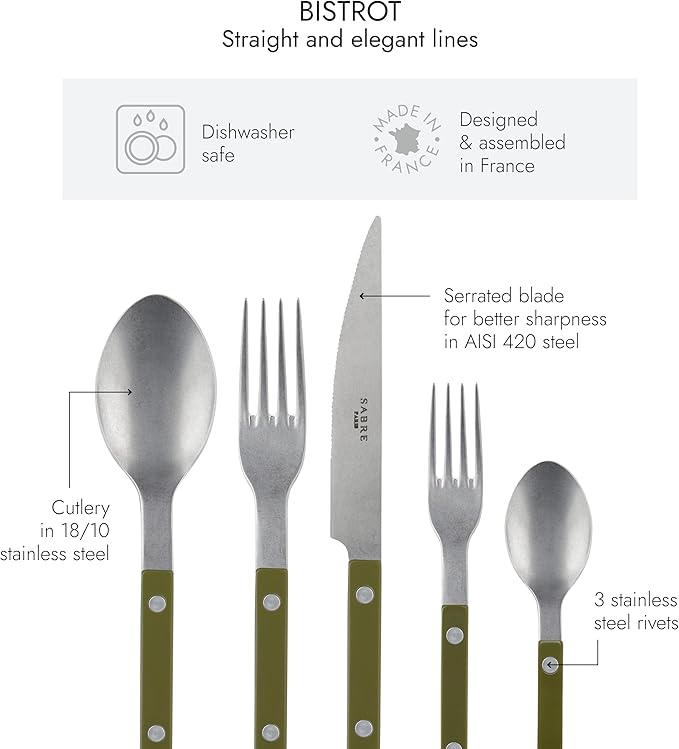 SABRE PARIS - 5-Piece Flatware Set - Bistrot Vintage Collection - Knives, Forks, Soup Spoons, Teaspoons & Dessert Forks - Stainless Steel & Acrylic - Dishwasher Safe - Fern Green - Mat Finish