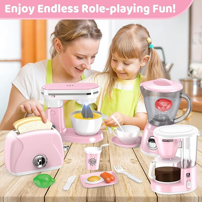 Shemira Play Kitchen Accessories, Play Kitchen Appliances Toy Set with Coffee Maker, Blender, Mixer, Toaster, Kids Kitchen Playset, Toys for 3 4 5 6 7 8 Year Old Girls, Birthday Gifts for Girls, Pink