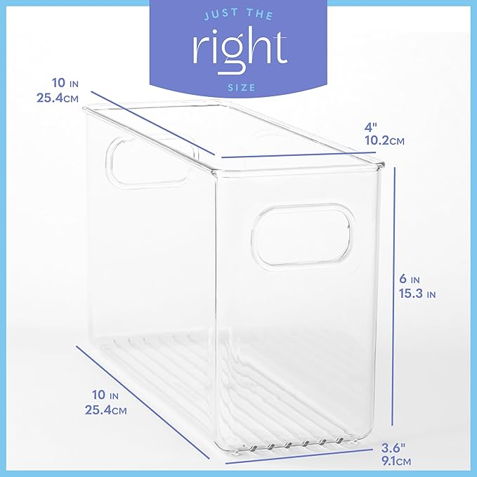 primebox Plastic Food Storage 2 Pack Clear Container Bin with Handles for Organizing Kitchen, Pantry, Refrigerator, Freezer, Pantry, Cabinet, Closet, Bathroom. 10”x4”x6”