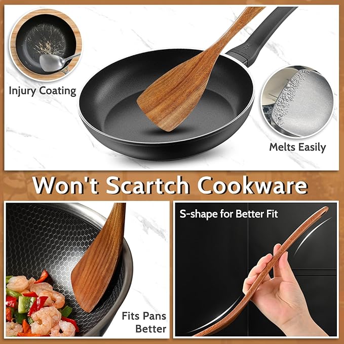 Pleafind Natural Teak Wooden Utensil Set - 9 Pcs, Wooden Spoons for Cooking, Wooden Cooking Utensils Set with Holder ＆ Spoon Rest, Soft Comfort-Grip Wood Kitchen Utensil Set for Non-Stick Cookware