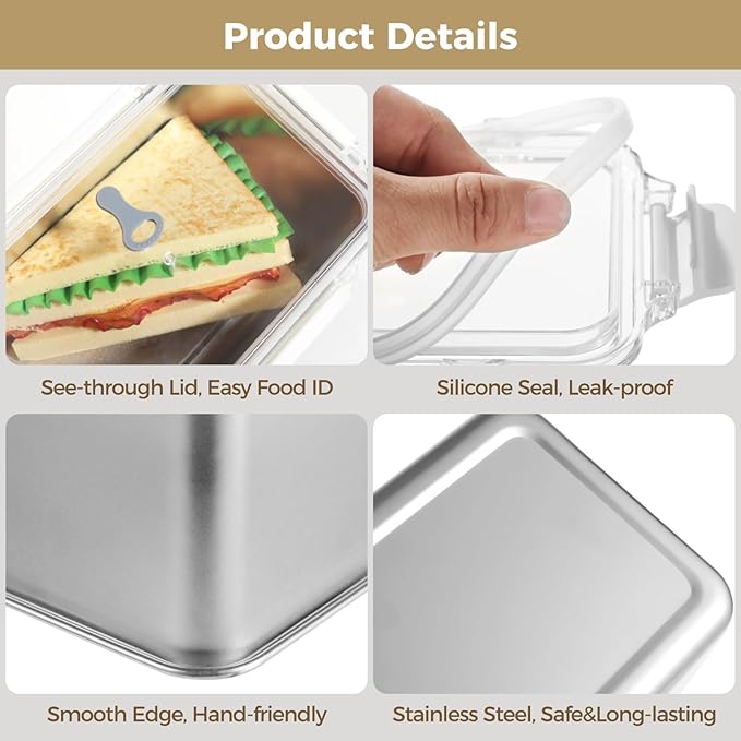 2 Pcs Food Storage Containers with Lids, 2100 ml / 71 fl oz 304 Stainless Steel Storage Box, Leakproof Bento Box, Refrigerator & Microwave Oven Safe, Safe Rust Free Food Container for Home, Picnic