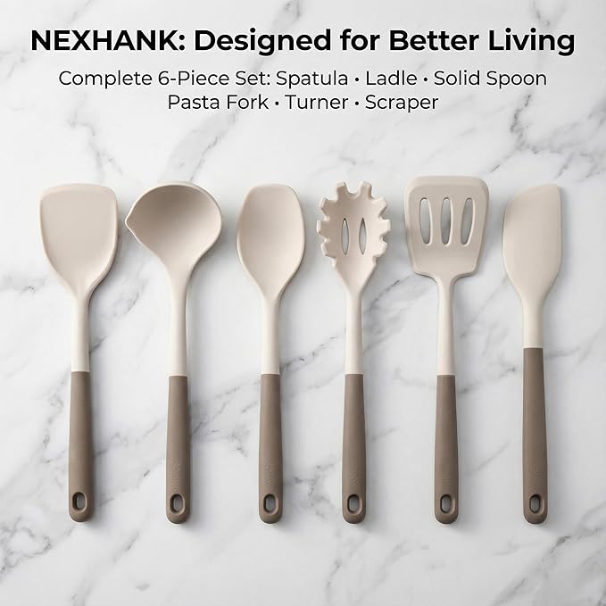 6-Piece Silicone Kitchen Utensil Set, NON-PLASTIC 500°F Heat-Resistant BPA-Free Dishwasher Safe Cooking Tools with Upgraded Spatula, Turner Ladle Skimmer Pasta Fork Scraper, Cream White &Mocha