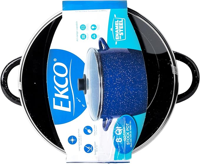 EKCO EOS 8-Quart Speckled Stockpot with Glass Lid (Black) Soup Pot for All Ranges, Dishwasher & Oven Safe up to 350°F - Non-Reactive Enameled Interior Pot for Gumbo, Stew, Boil, Pasta, Chili