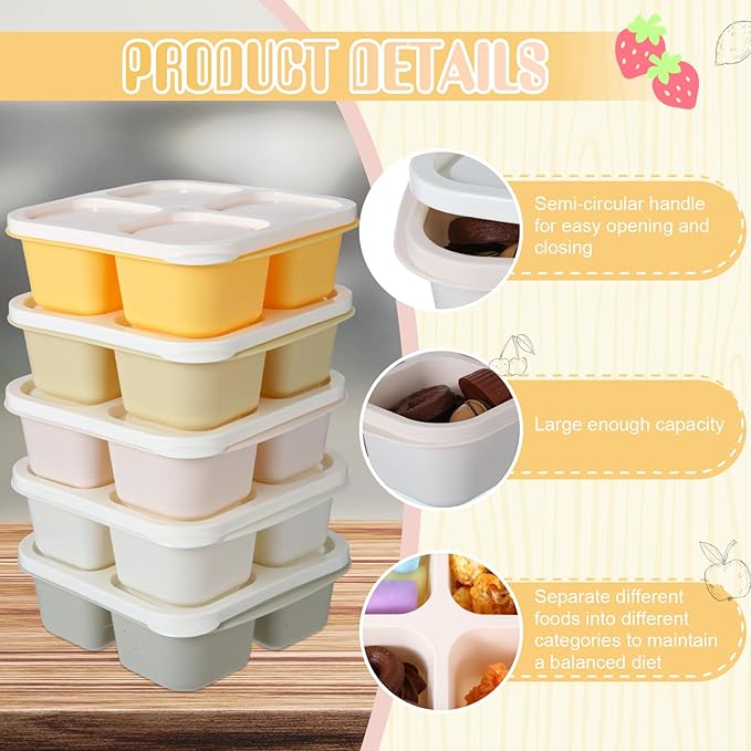 Honeydak 5 Pack Snack Containers 4 Compartment Bento Snack Boxes Reusable Lunchable Containers with Lids Divided Meal Prep Lunch Food Storage Box for School Work Travel (Lemon Color,Equal)