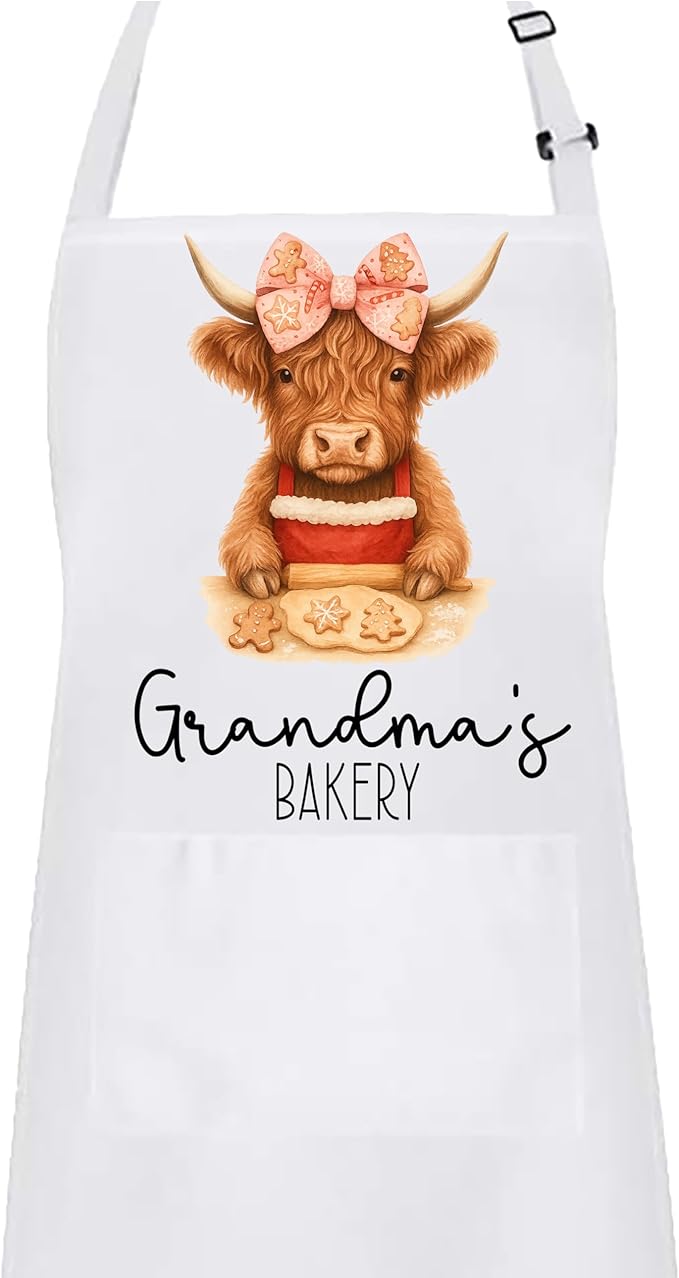Personalized Mommy & Me Highland Cow with Bow Apron Set – Christmas Matching Family Baking Gift