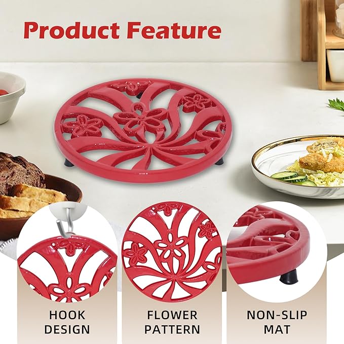 Vintage Cast Iron Trivet, Heat-Resistant Metal Trivet for Hot Dishes Pots Pans with Daffodil Pattern for Tabletop Protection, Red