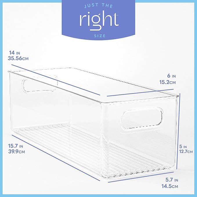 primebox Plastic Food Storage 6 Pack Clear Container Bin with Handles for Organizing Kitchen, Pantry, Fridge, Freezer, Pantry, Bathroom. 14"x6"5"