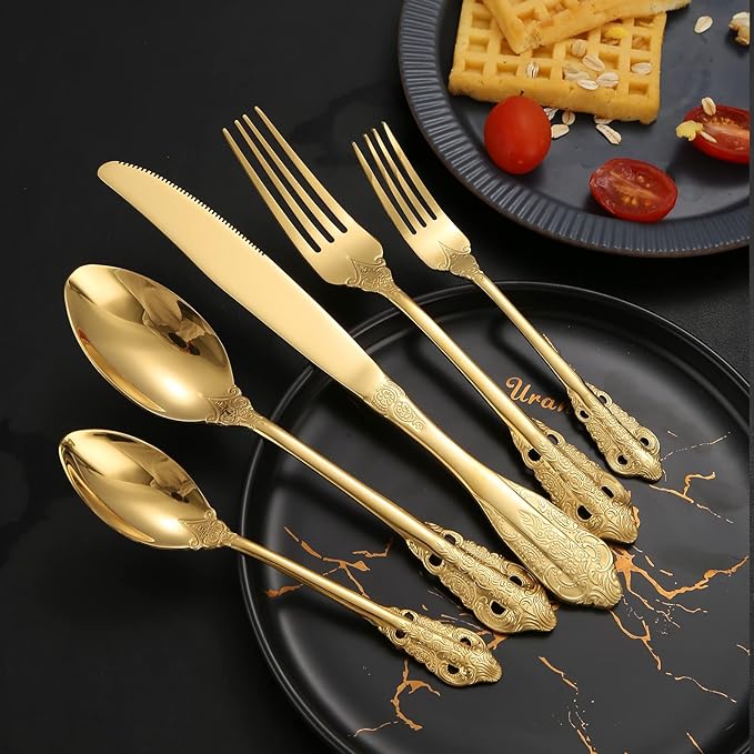 Royal Silverware Gold Retro Stainless Steel Flatware 40 Piece Forks Knives and Spoons Heavy Duty Kitchen Utensil Daily Use Festival Parties