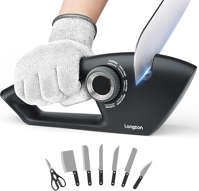 Longzon 5-in-1 Knife Sharpener 5 Stage for Serrated Knives, Scissors with Cut-Resistant Glove,Original Premium Polish Blades,Best Kitchen Knife Sharpener Repair & Restore Pocket Knife, Chefs knife