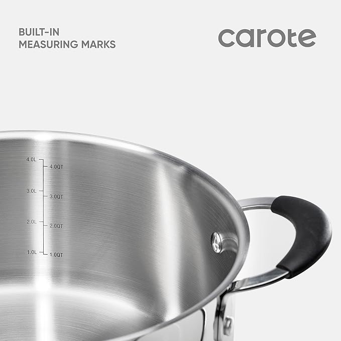 Carote Stainless Steel Stock Pot - 5 Quart Heavy Duty Induction Cooking Pot with Visible Lid for Pasta, Soup, Spaghetti, Bottom Big Stockpot, Deep Cookware for Canning, Boiling, Simmer, Silver