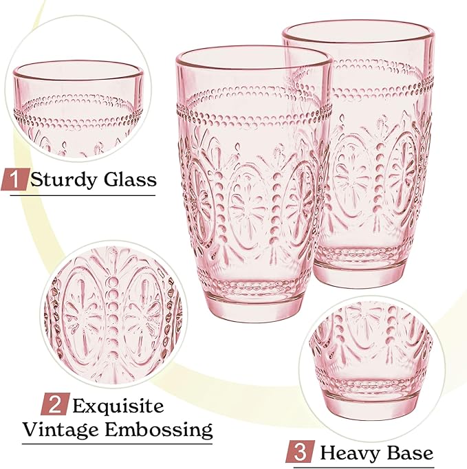 CREATIVELAND Drinking Glasses,Water Drinking Glass (Pink, 15.5)