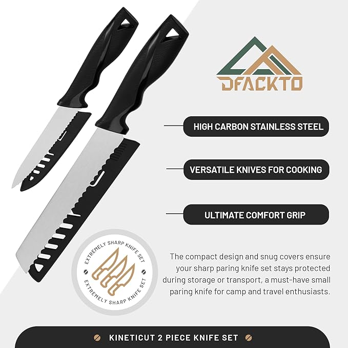 DFACKTO 2-Piece Serrated Knife Set – Stainless Steel Kitchen Cooking Knives w/Protective Covers, Dishwasher Safe, No Block, Sharp Cutlery for Slicing Bread, Cooking Fruit & Steak w/Sheath - Black