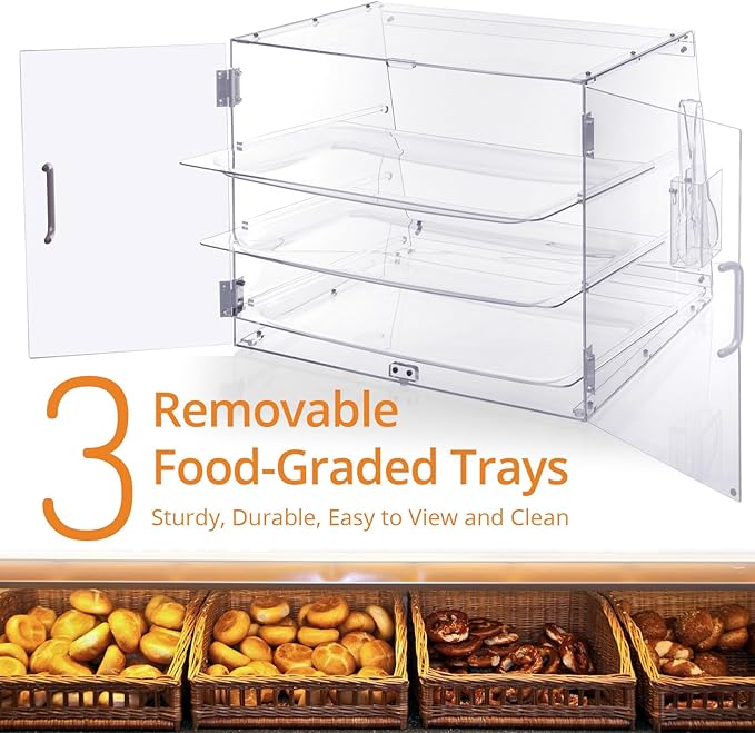 Bakery Display Case, Pastry Display Case Countertop 3 Tier Tray, Acrylic Clear Boxes for Bread Pastry Desserts Food Cookie, Display Cabinet Box for Baking Enthusiasts, 20.86 x 17.3 x 16.5 in