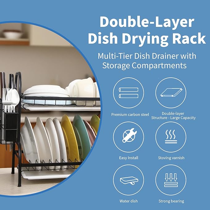 2 Tier Dish Drying Racks with Drain Tray,Stainless Steel Dish Racks for Kitchen Counter,Kitchen Sink Organizer for Dishes,Utensils& Fork Knives,Cutting Boards Storage