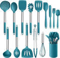LIANYU 15-Piece Kitchen Cooking Utensils Set with Holder, Silicone Kitchen Tools Stainless Steel Handle, Slotted Spatula Spoon Turner Tong Whisk Brush for Cooking, Dark Blue