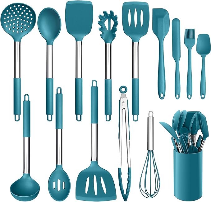 LIANYU 15-Piece Kitchen Cooking Utensils Set with Holder, Silicone Kitchen Tools Stainless Steel Handle, Slotted Spatula Spoon Turner Tong Whisk Brush for Cooking, Dark Blue